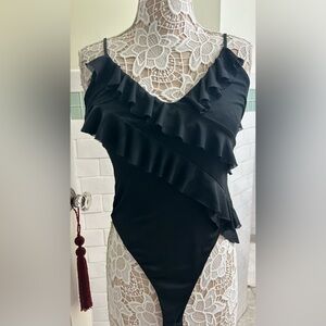 AFRM Anthropologie Black M Ruffled Bodysuit Top